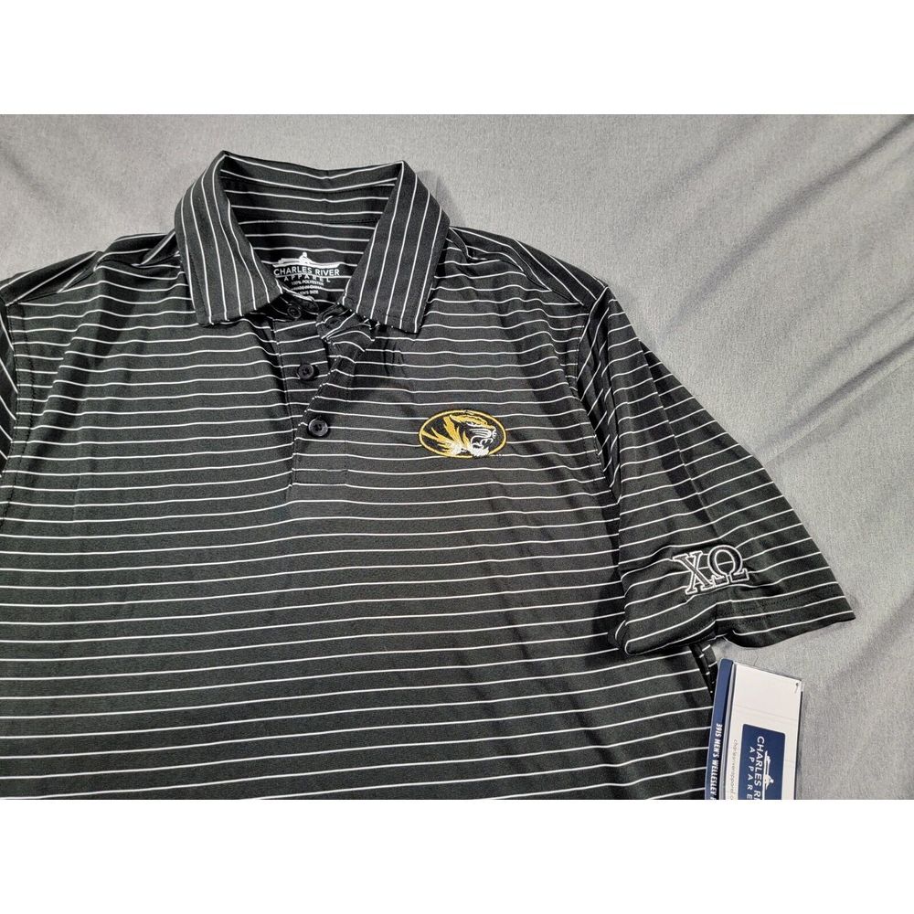 NEW Missouri Tigers Chi Omega Performance Polo Shirt Men's Medium Black Striped‎